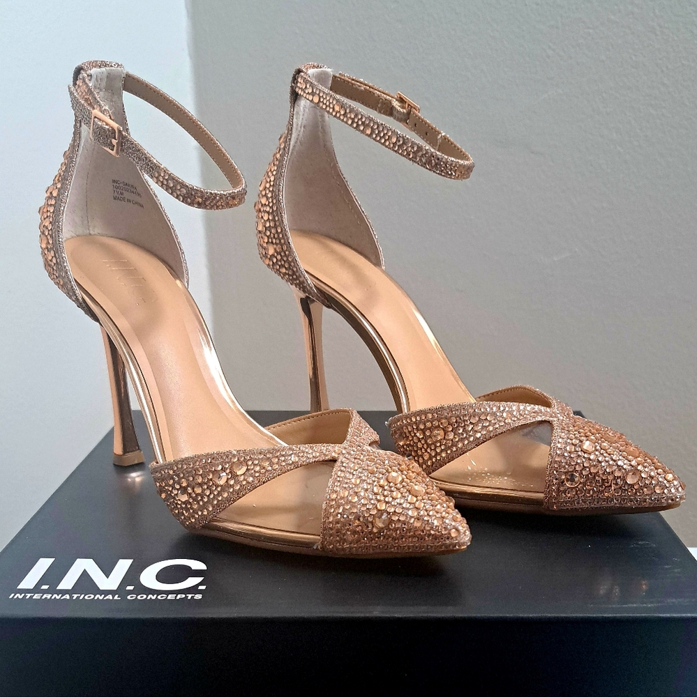 INC International Concepts Gold Stiletto Heels with Ankle Strap
